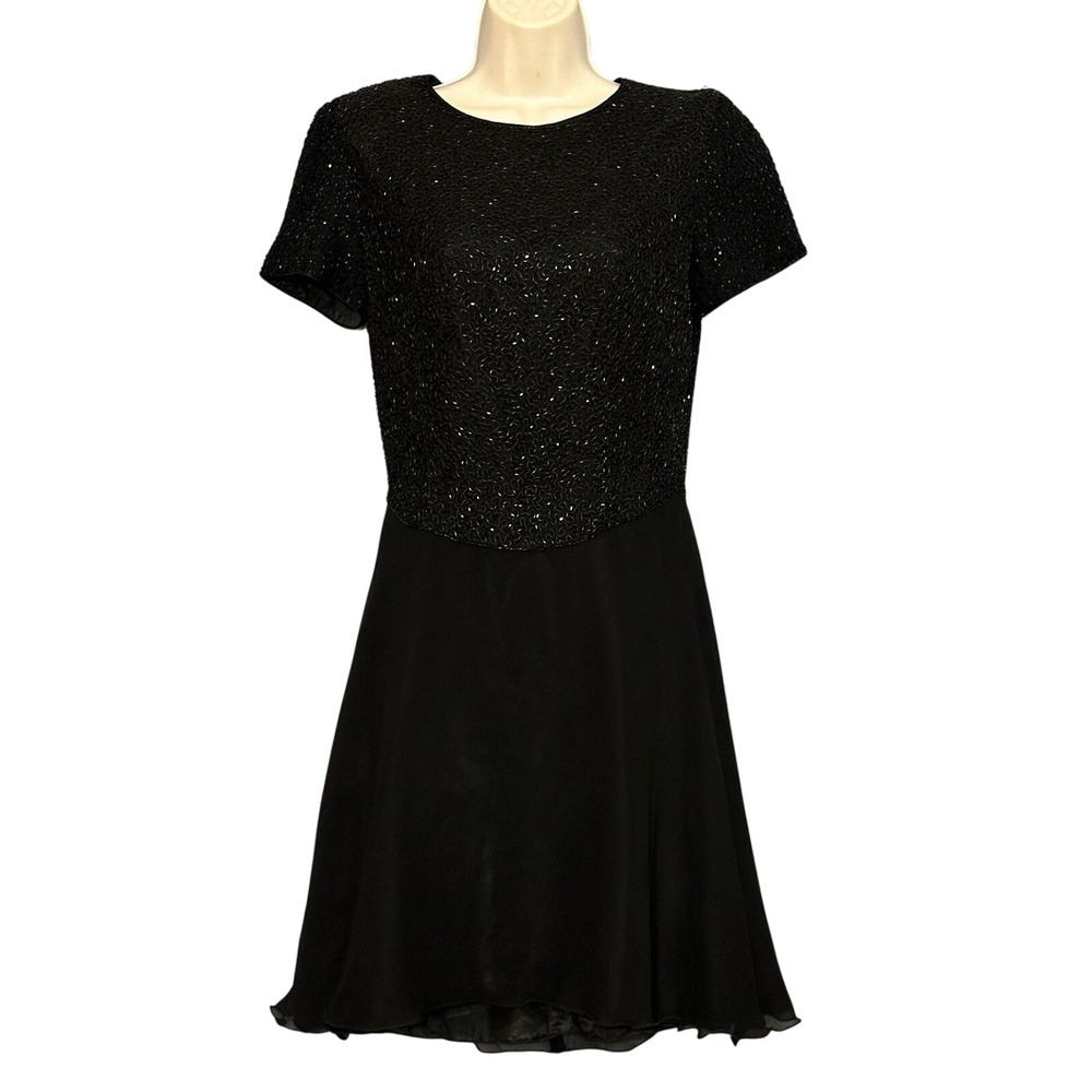 VTG Papell Womens Dress 4 Black Silk Beaded Fit & Flare Mini Cocktail LBD Party